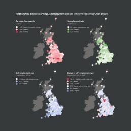 Infographics by Tekja for the Insights report by Understanding society showing relationships between earnings, employment and sefl-employment in the UK