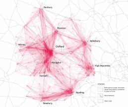 Commuter patterns data visualisation by Tekja showing paths between place of residence and place of work in Oxford