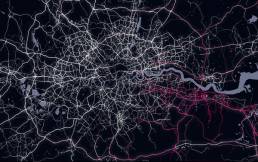 Tekja data visualisation studio telematics data map showing car journeys to Bluewater shopping centre