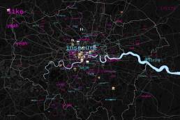Image of a map of London covered in blue and pink words and small square images