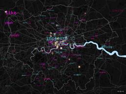 Image of a map of London covered in blue and pink words and small square images